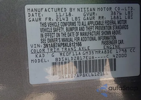2019 Nissan Sentra Sv from USA, damaged, VIN 3N1AB7AP8KL612166